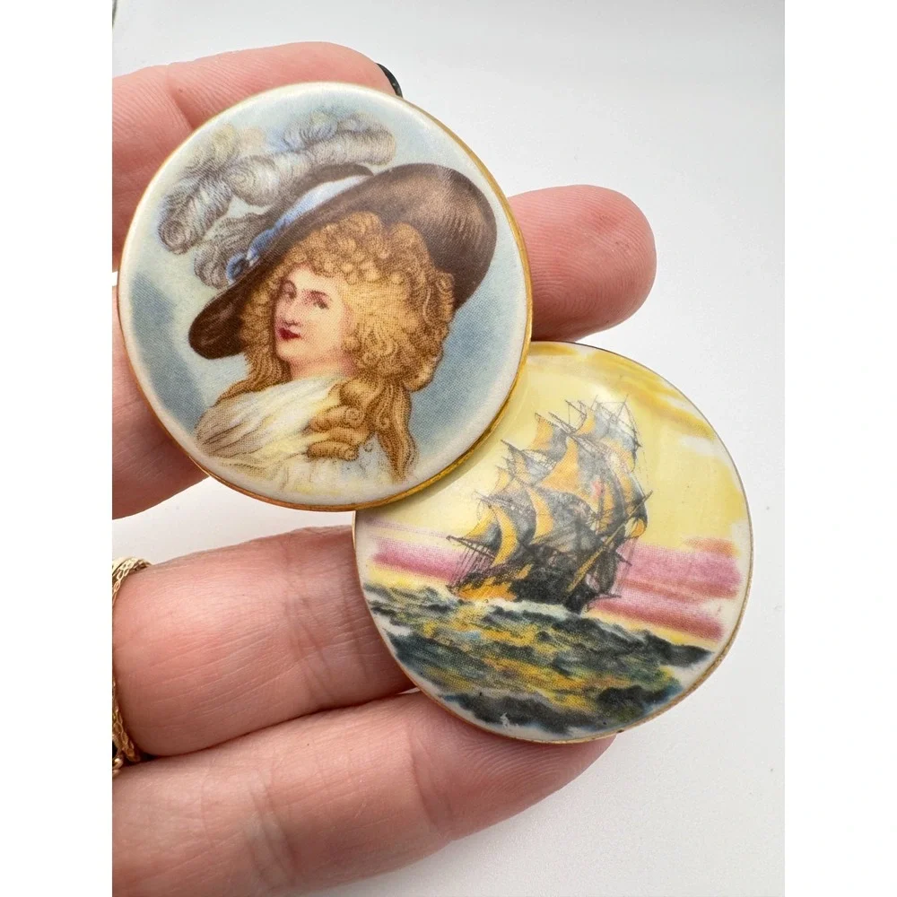 Vintage Portrait Ship Brooch Pair